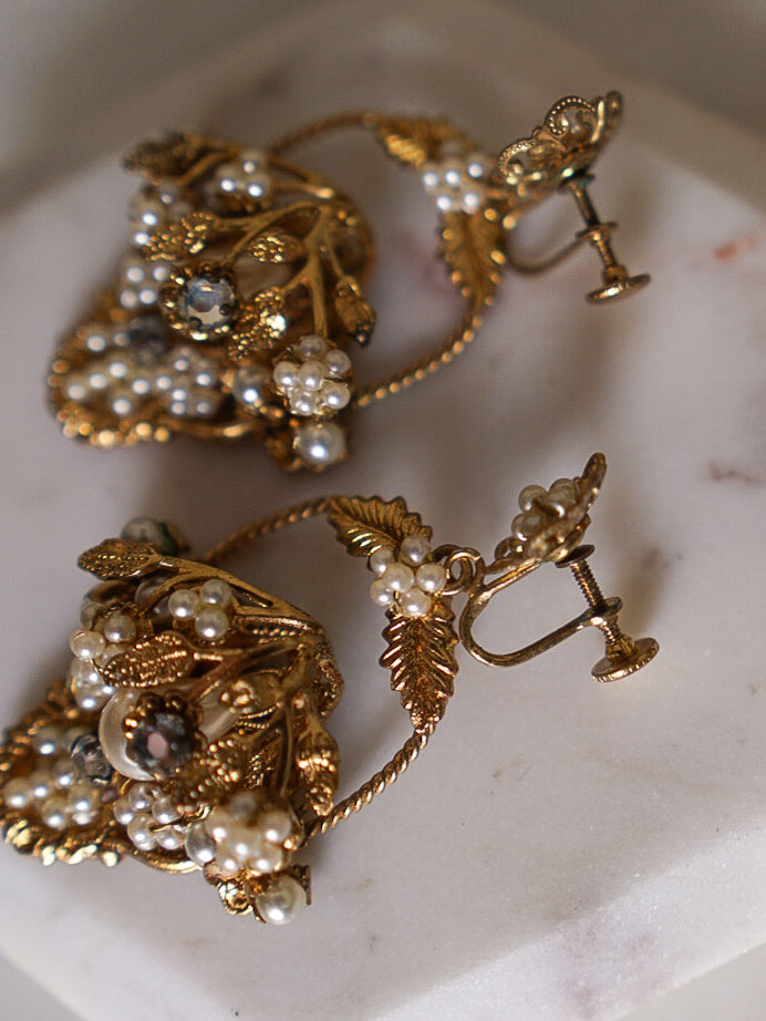 1940s Antique Gold Pearl & Rhinestone Floral Basket Statement Earrings