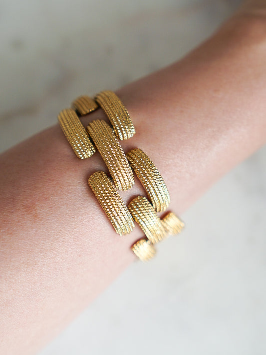 80s MONET RUNWAY Gold Textured Wide Link Bracelet