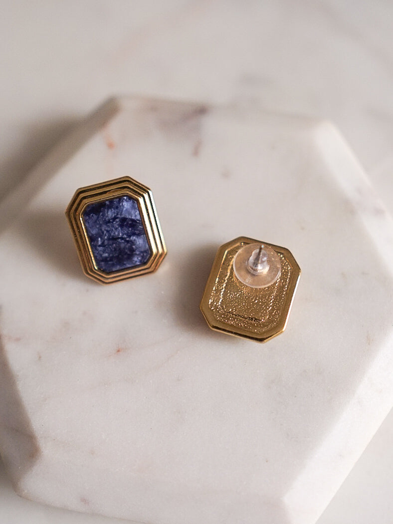 1980s Architectural Blue Cabochon Earrings