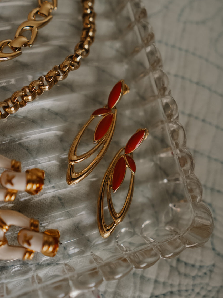 1990s TRIFARI Red Enamel Dangle Earrings