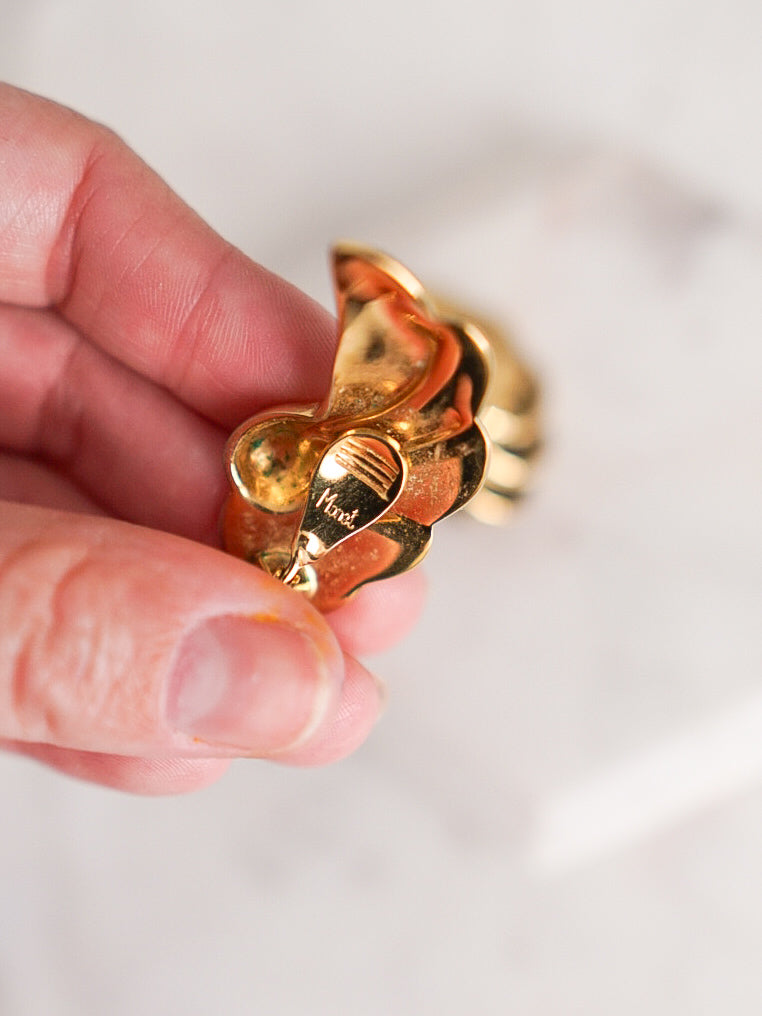 70s MONET Gold Fan Swirl Clip-On Earrings