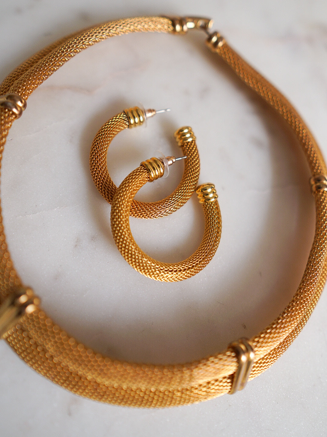 Gold Mesh Collar Necklace and Earring Set