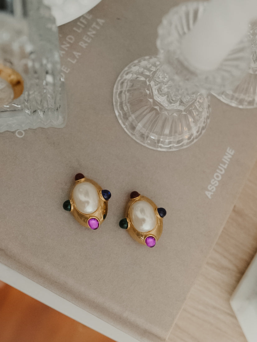 Vintage 1980s Pearl & Jewel Cabochon Clip-On Earrings