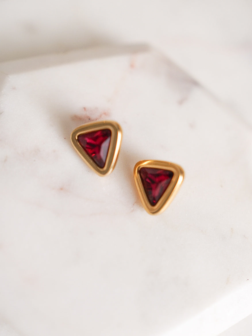 Vintage 1980s Swarovski Red Crystal Triangle Stud Earrings