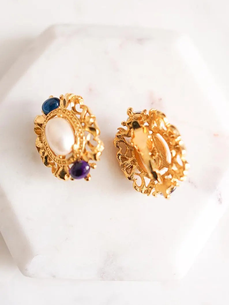 1980s TRIFARI Pearl Gripoix Clip-On Earrings