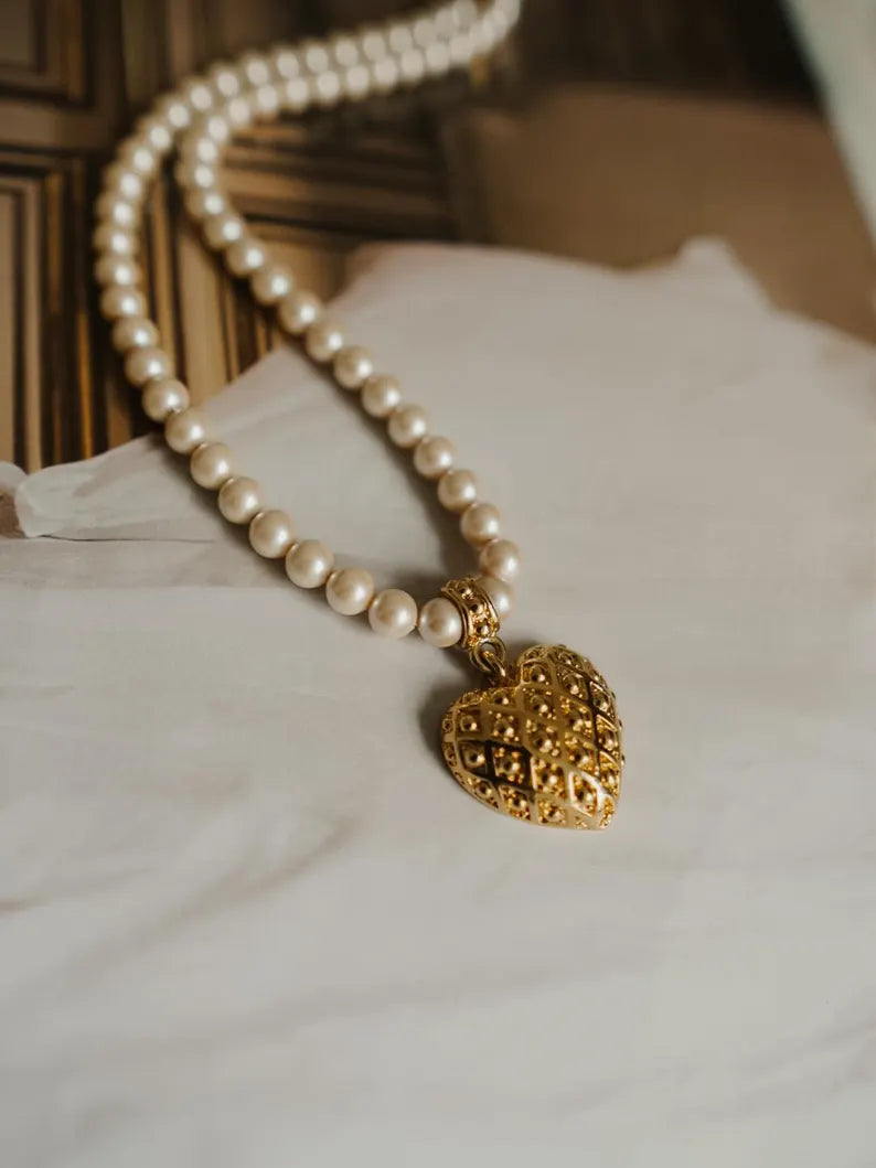 1990s MONET Pearl Heart Pendant Necklace