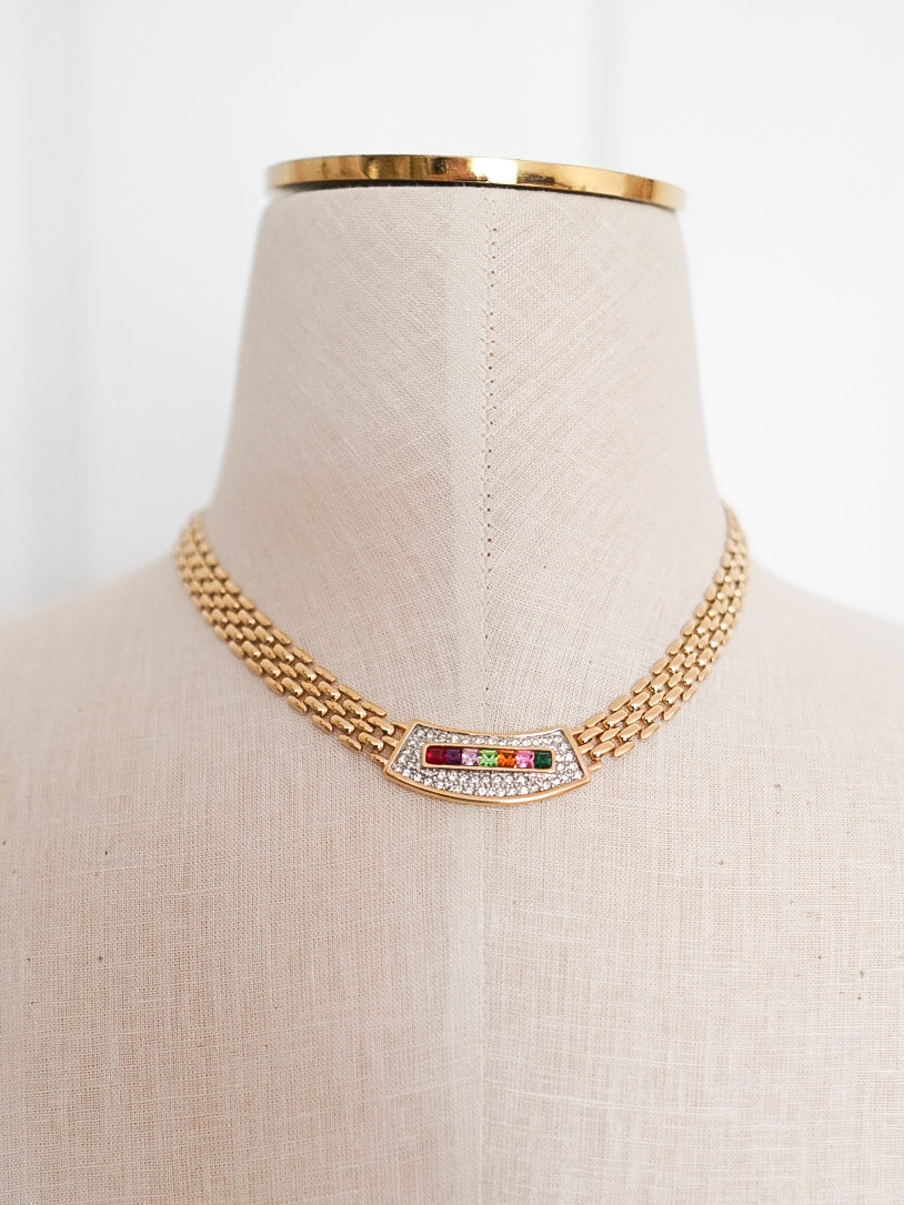 1970s LOUIS STERN Gold Rainbow Rhinestone Necklace