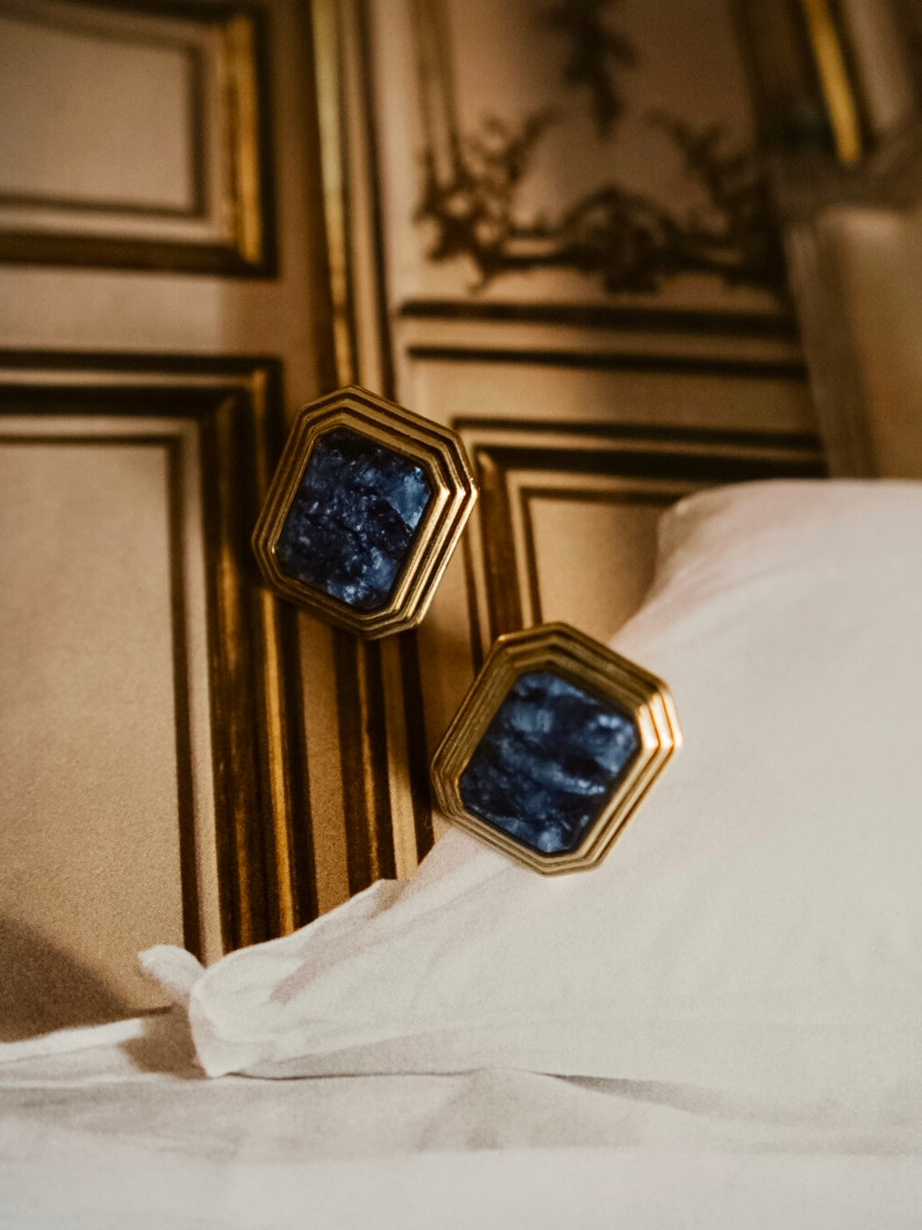 1980s Architectural Blue Cabochon Earrings