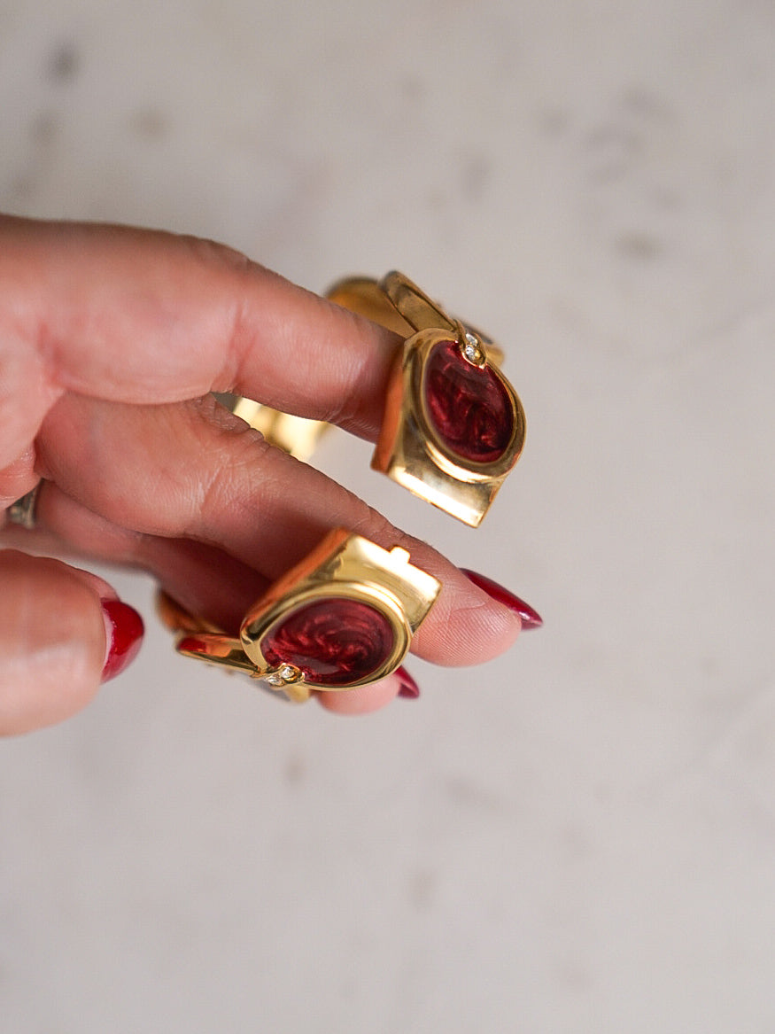1990s Burgundy Enamel Rhinestone Hinge Bracelet
