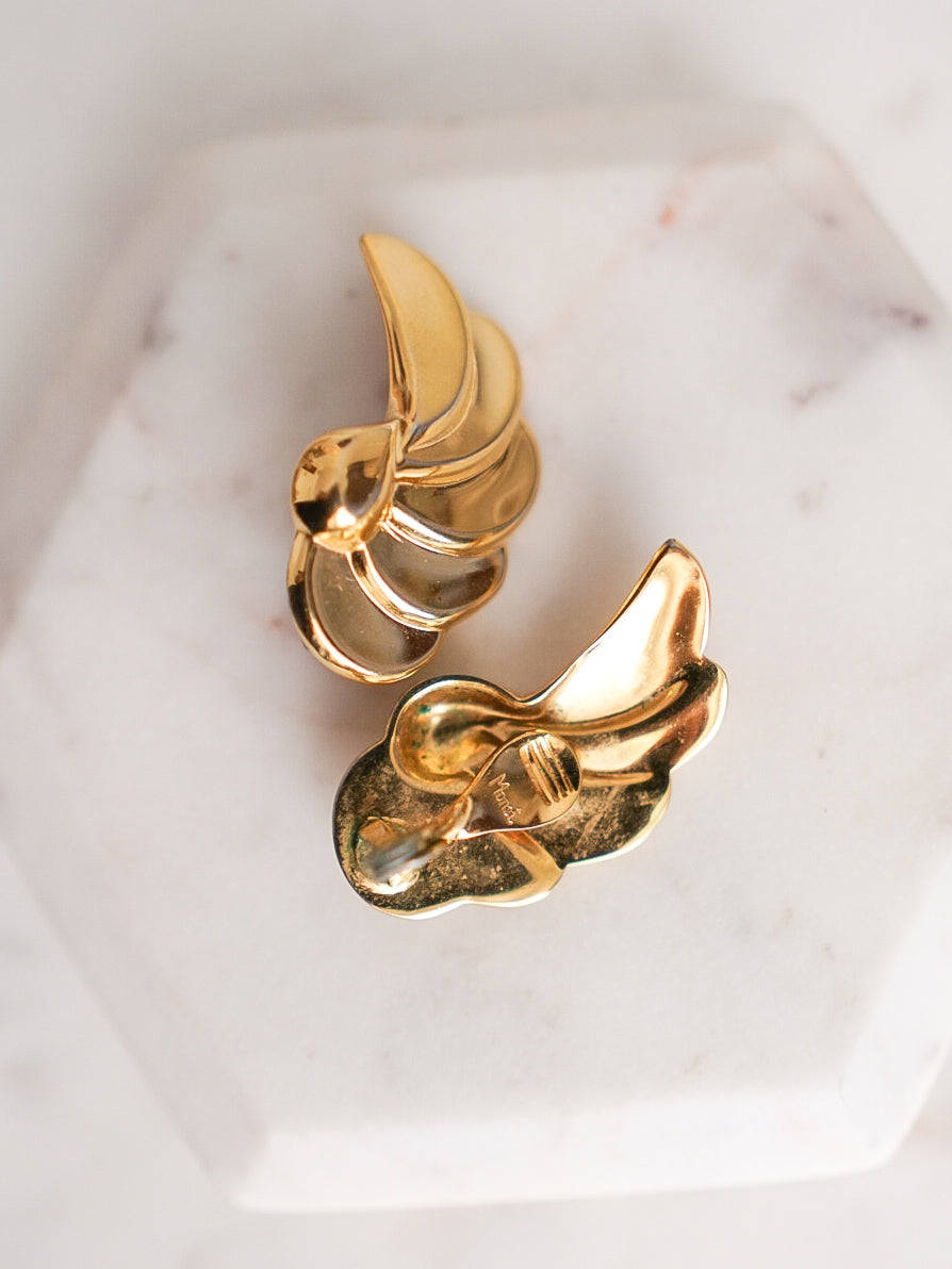 70s MONET Gold Fan Swirl Clip-On Earrings