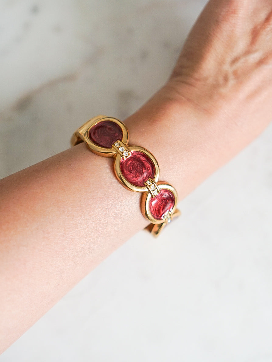 1990s Burgundy Enamel Rhinestone Hinge Bracelet
