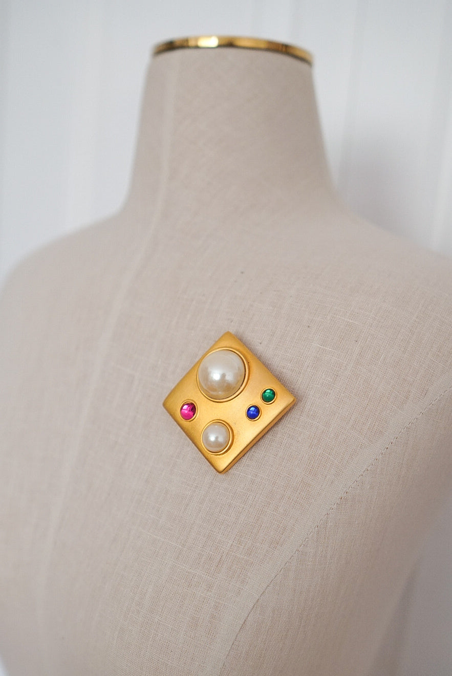Vintage 1980s French Couture Style Pearl & Glass Cabochon Square Brooch