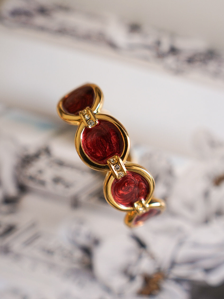 1990s Burgundy Enamel Rhinestone Hinge Bracelet