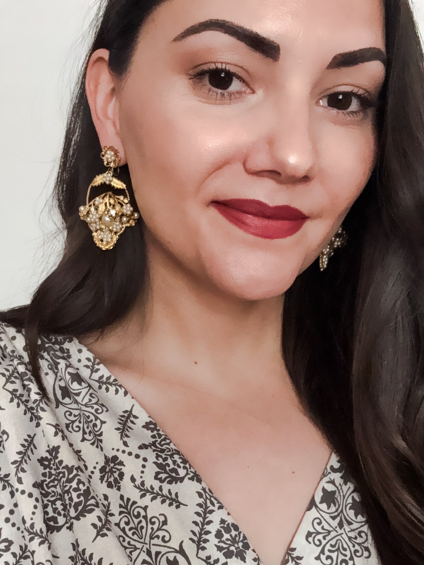 1940s Antique Gold Pearl & Rhinestone Floral Basket Statement Earrings