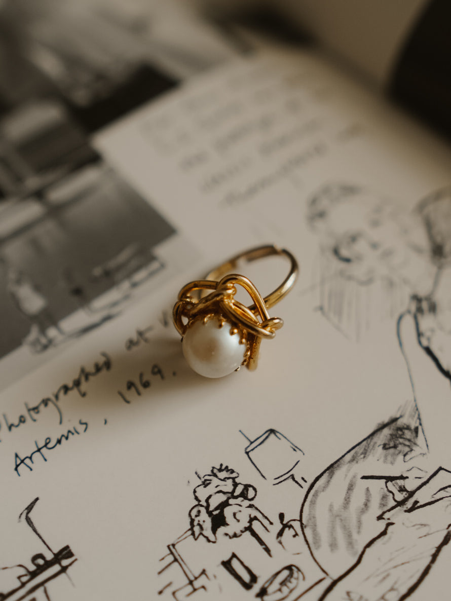 Vintage 1970s Sculptural Caged Pearl Cocktail Ring