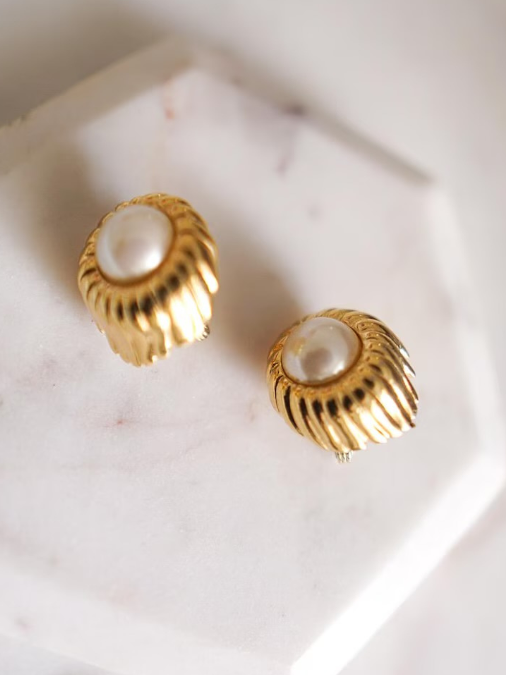 80s MONET Gold Ribbed Pearl Clip-On Earrings