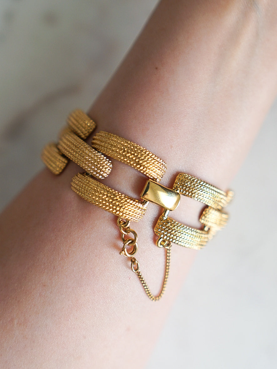 80s MONET RUNWAY Gold Textured Wide Link Bracelet