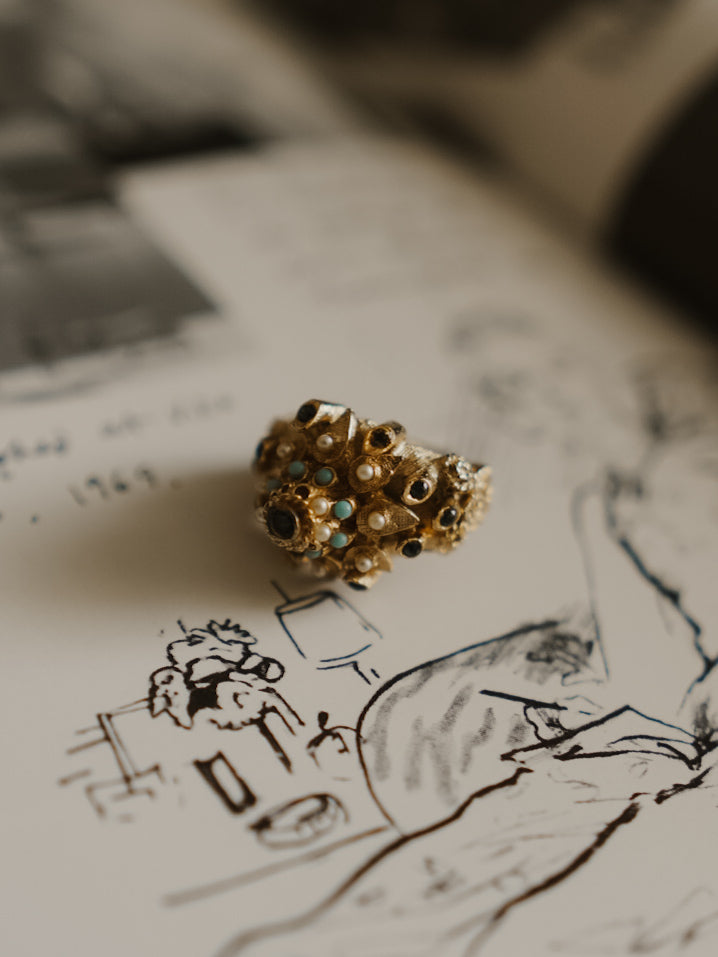 Vintage 1950s Jeweled Floral Cluster Cocktail Ring