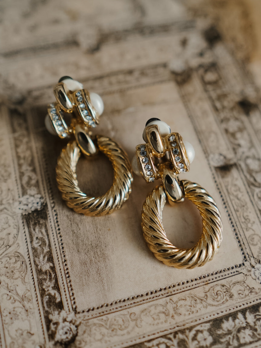 1990s Doorknocker Gold Rope Twist Pearl Rhinestone Clip-On Earrings