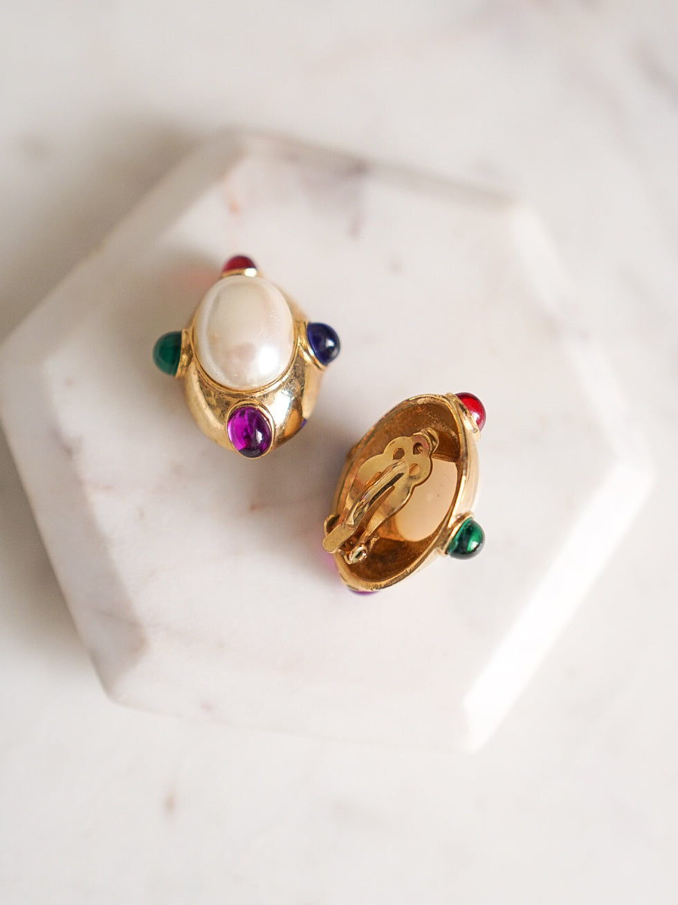 Vintage 1980s Pearl & Jewel Cabochon Clip-On Earrings