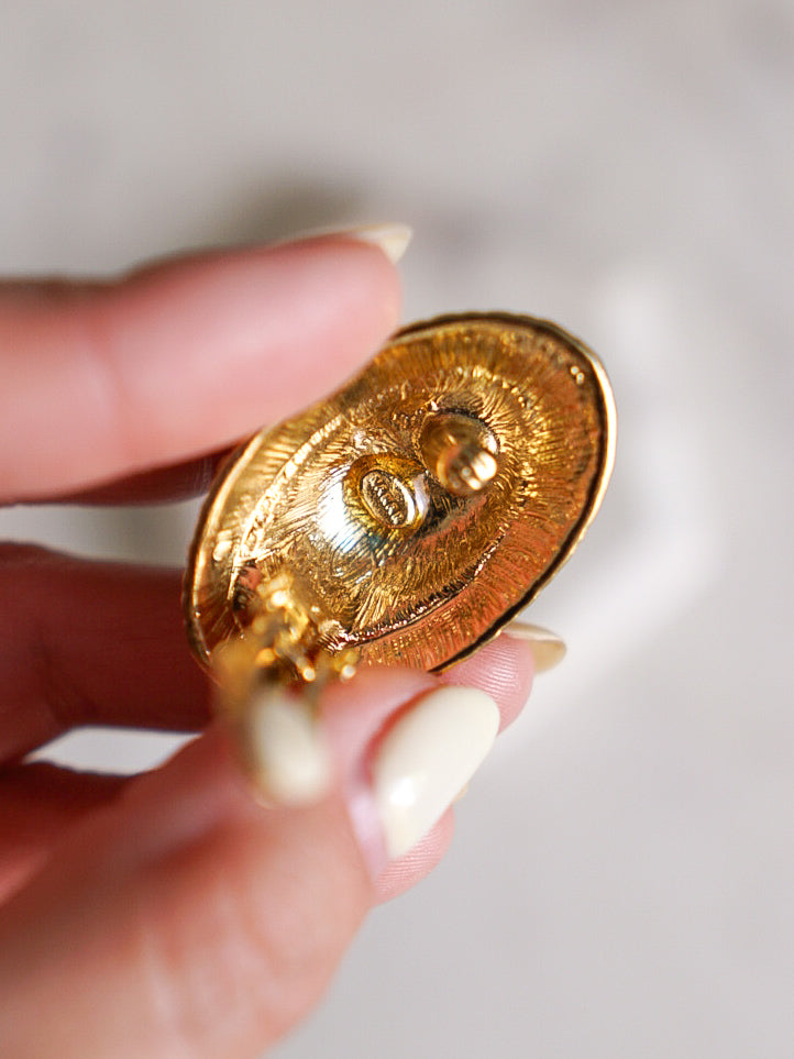 Vintage 80s NAMAR Brown and Gold Textured Dramatic Oval Clip-On Earrings
