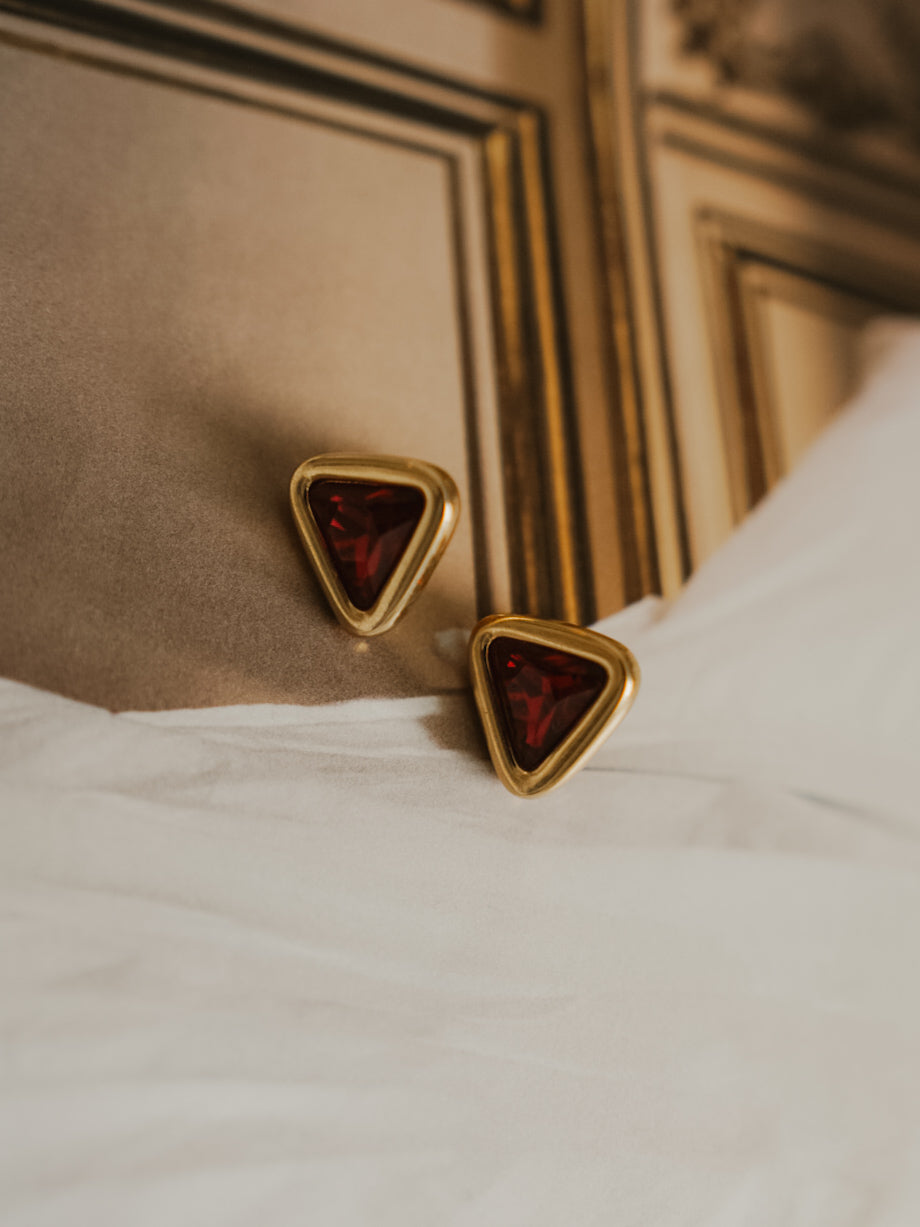 Vintage 1980s Swarovski Red Crystal Triangle Stud Earrings