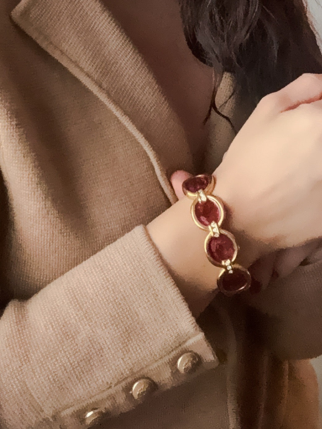 1990s Burgundy Enamel Rhinestone Hinge Bracelet