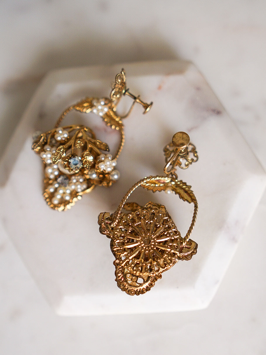 1940s Antique Gold Pearl & Rhinestone Floral Basket Statement Earrings