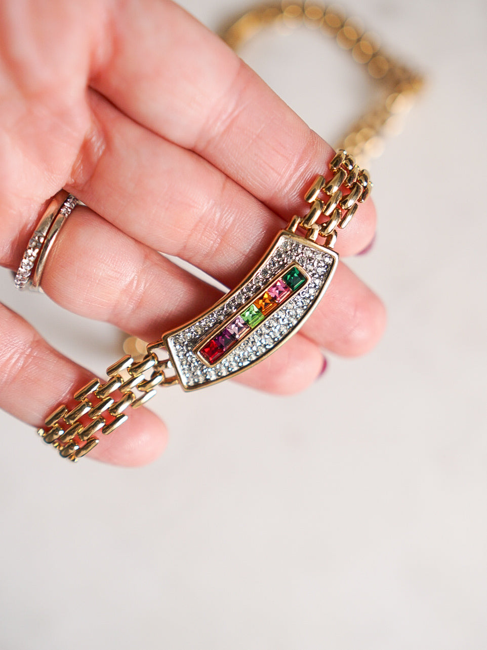 1970s LOUIS STERN Gold Rainbow Rhinestone Necklace