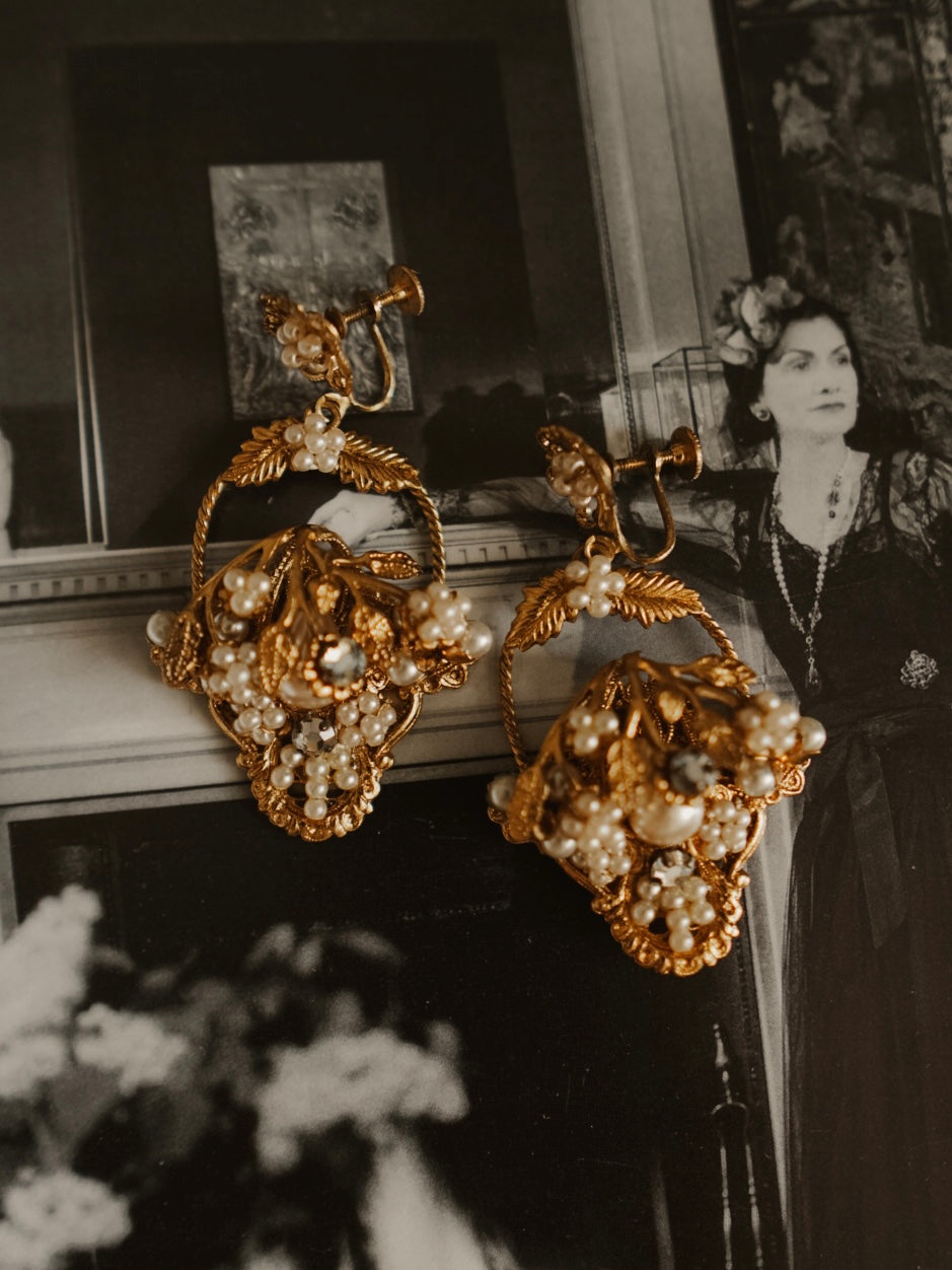 1940s Antique Gold Pearl & Rhinestone Floral Basket Statement Earrings