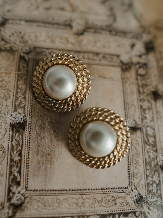 1980s Pearl Cabochon Earrings with Gold Rope Details