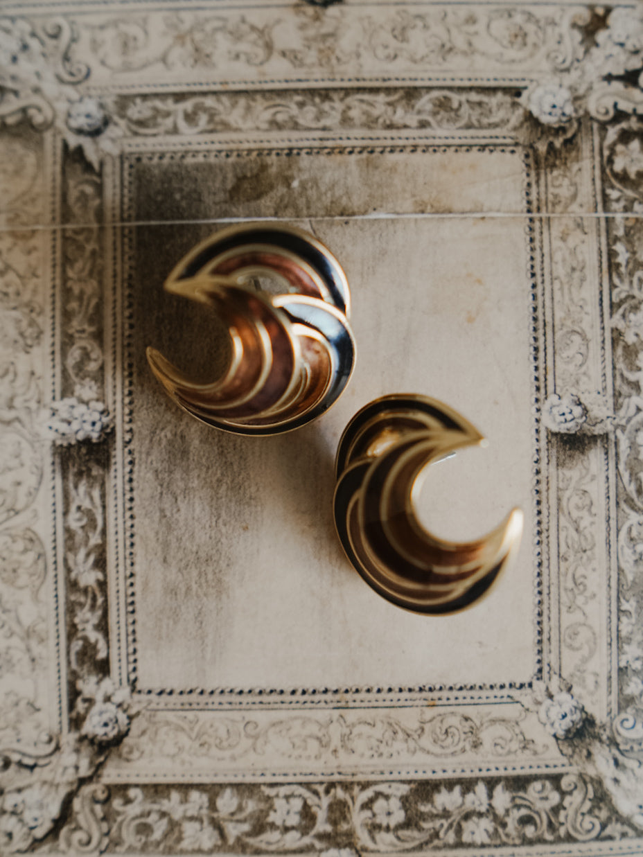 Vintage 1980s TRIFARI Brown and Black Enamel Sculptural Swirl Earrings