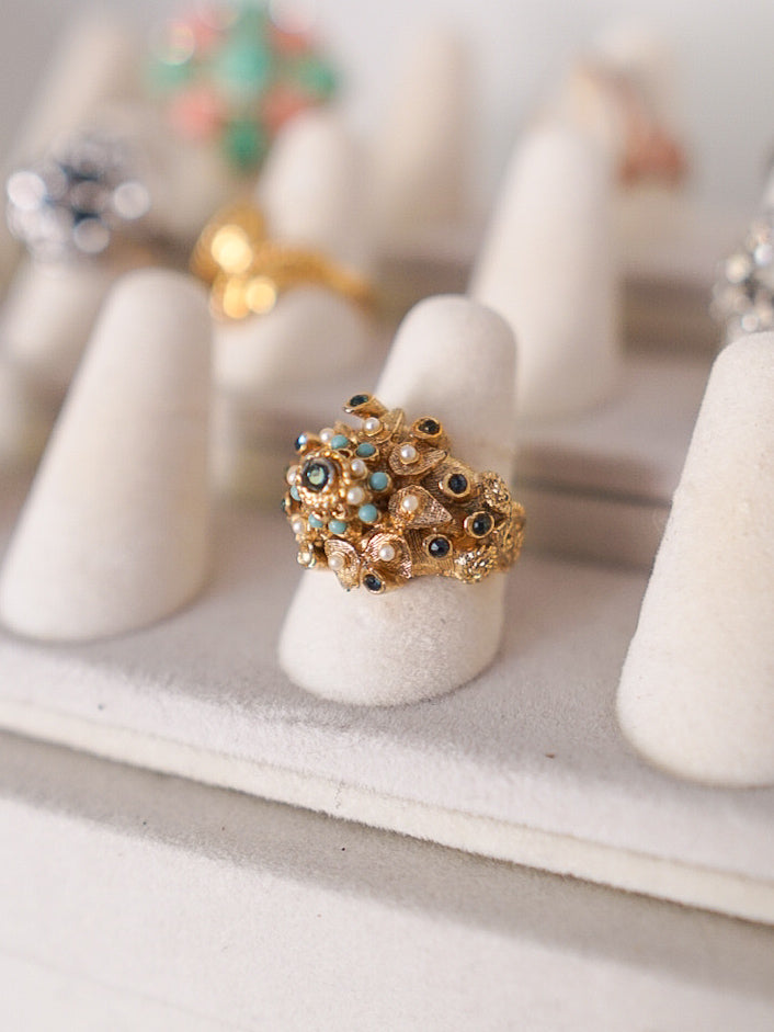 Vintage 1950s Jeweled Floral Cluster Cocktail Ring
