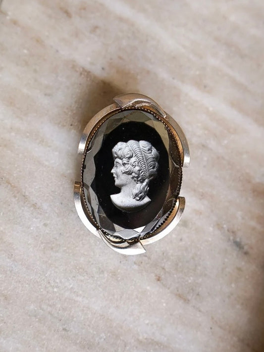 1960s Black Cameo Intaglio Glass Brooch