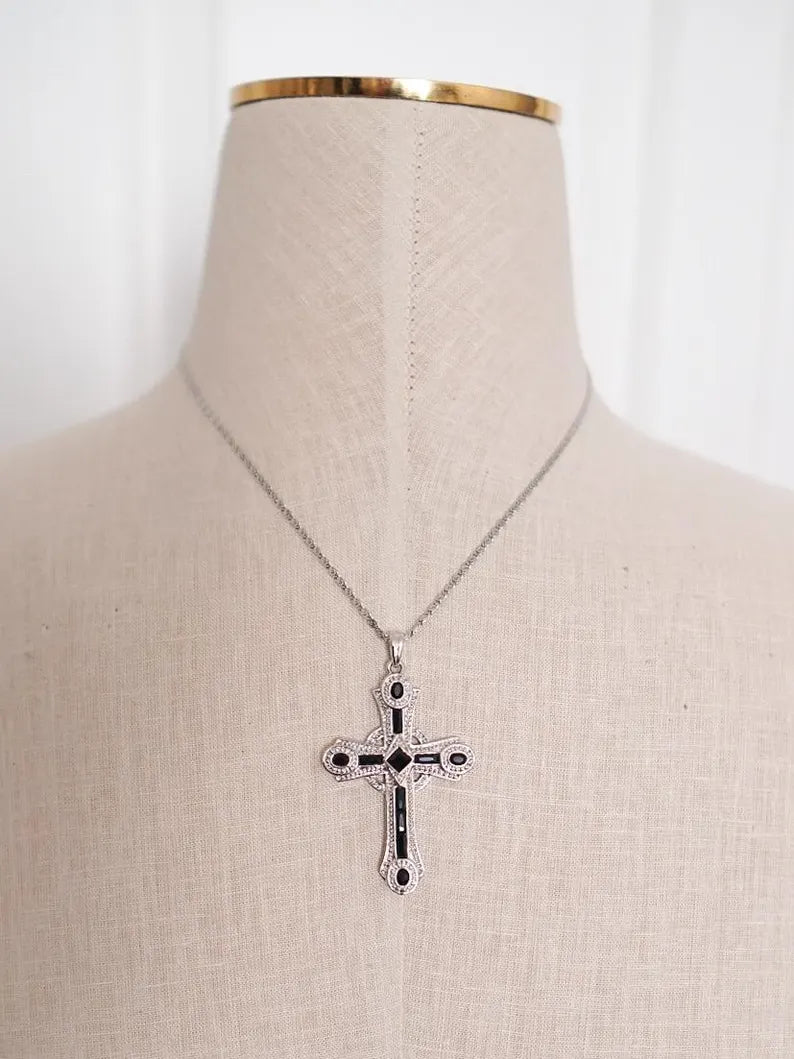1980s CAMROSE & KROSS Silver & Black Cross Necklace
