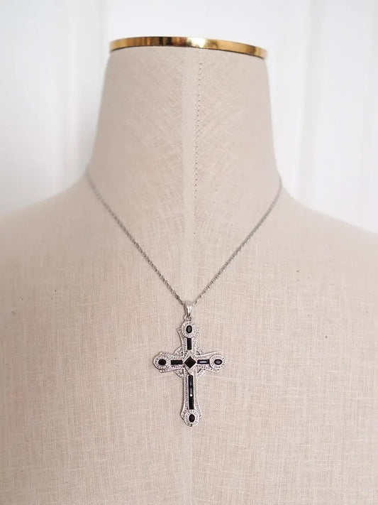 1980s CAMROSE & KROSS Silver & Black Cross Necklace