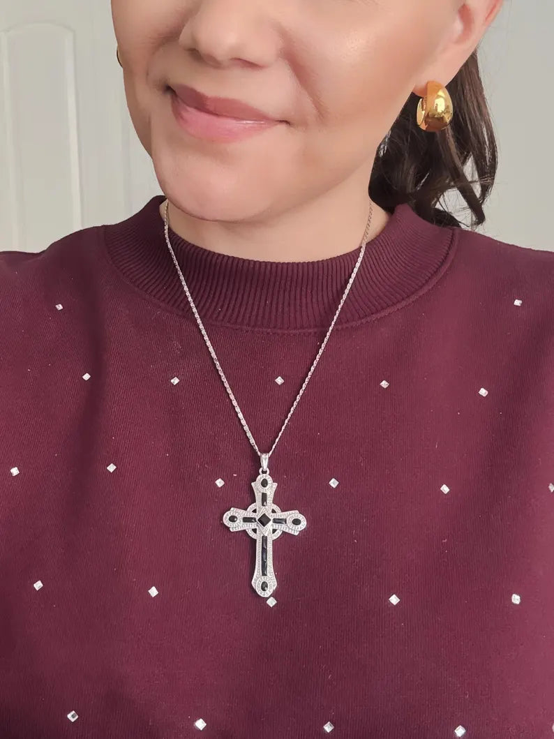 1980s CAMROSE & KROSS Silver & Black Cross Necklace