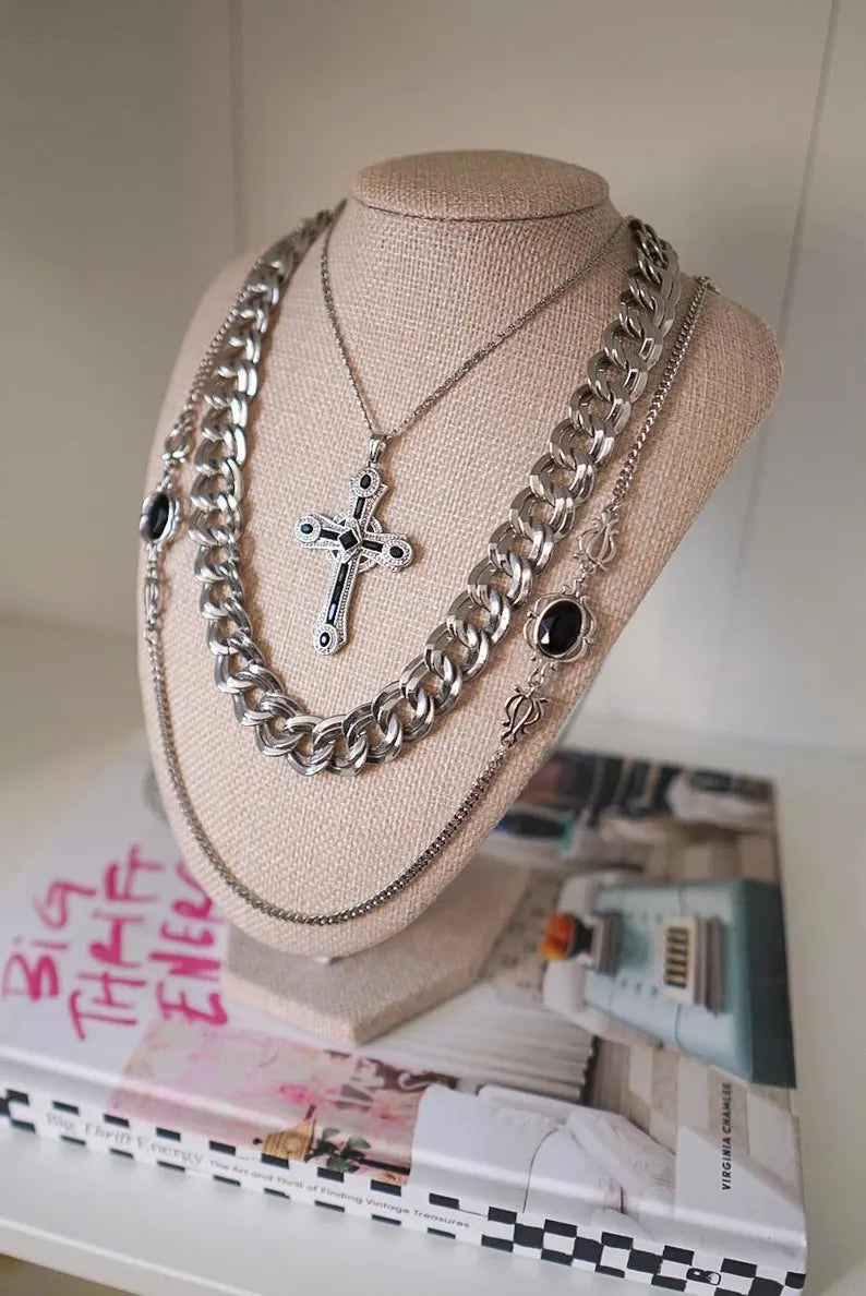 1980s CAMROSE & KROSS Silver & Black Cross Necklace