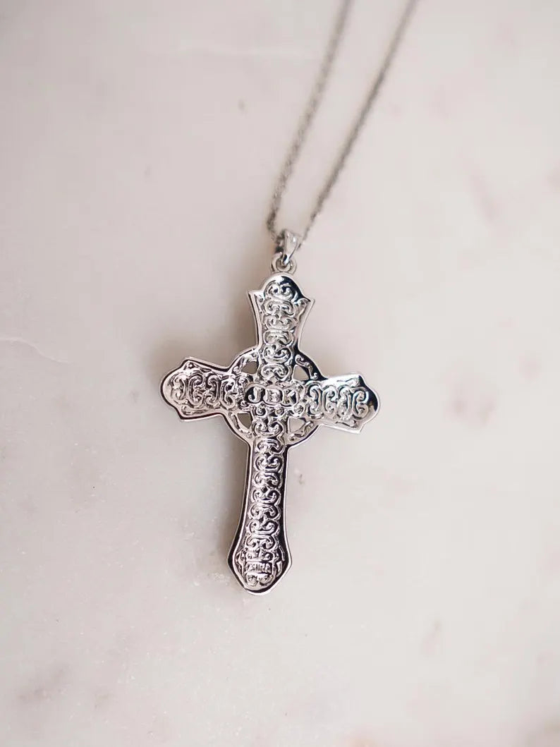 1980s CAMROSE & KROSS Silver & Black Cross Necklace