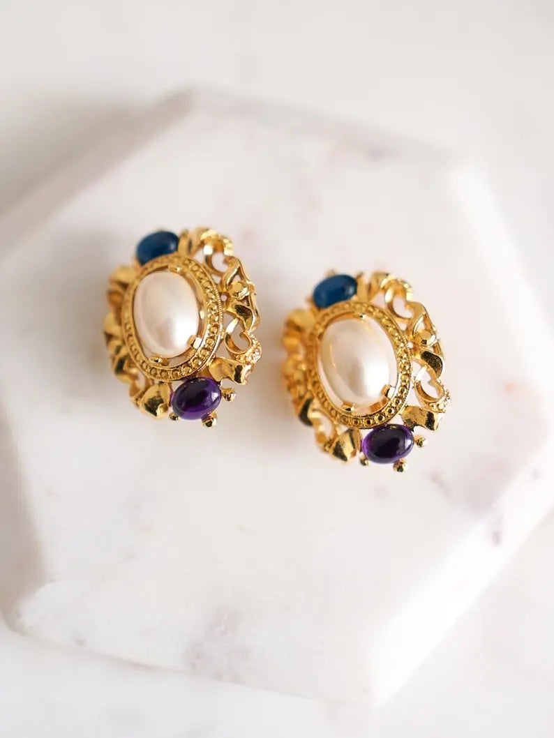 1980s TRIFARI Pearl Gripoix Clip-On Earrings