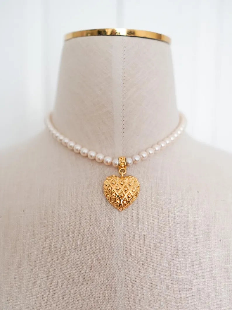 1990s MONET Pearl Heart Pendant Necklace