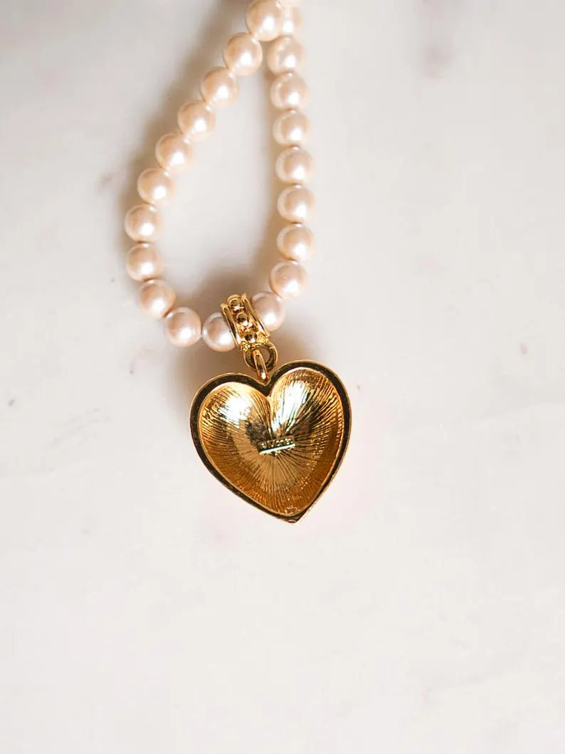 1990s MONET Pearl Heart Pendant Necklace